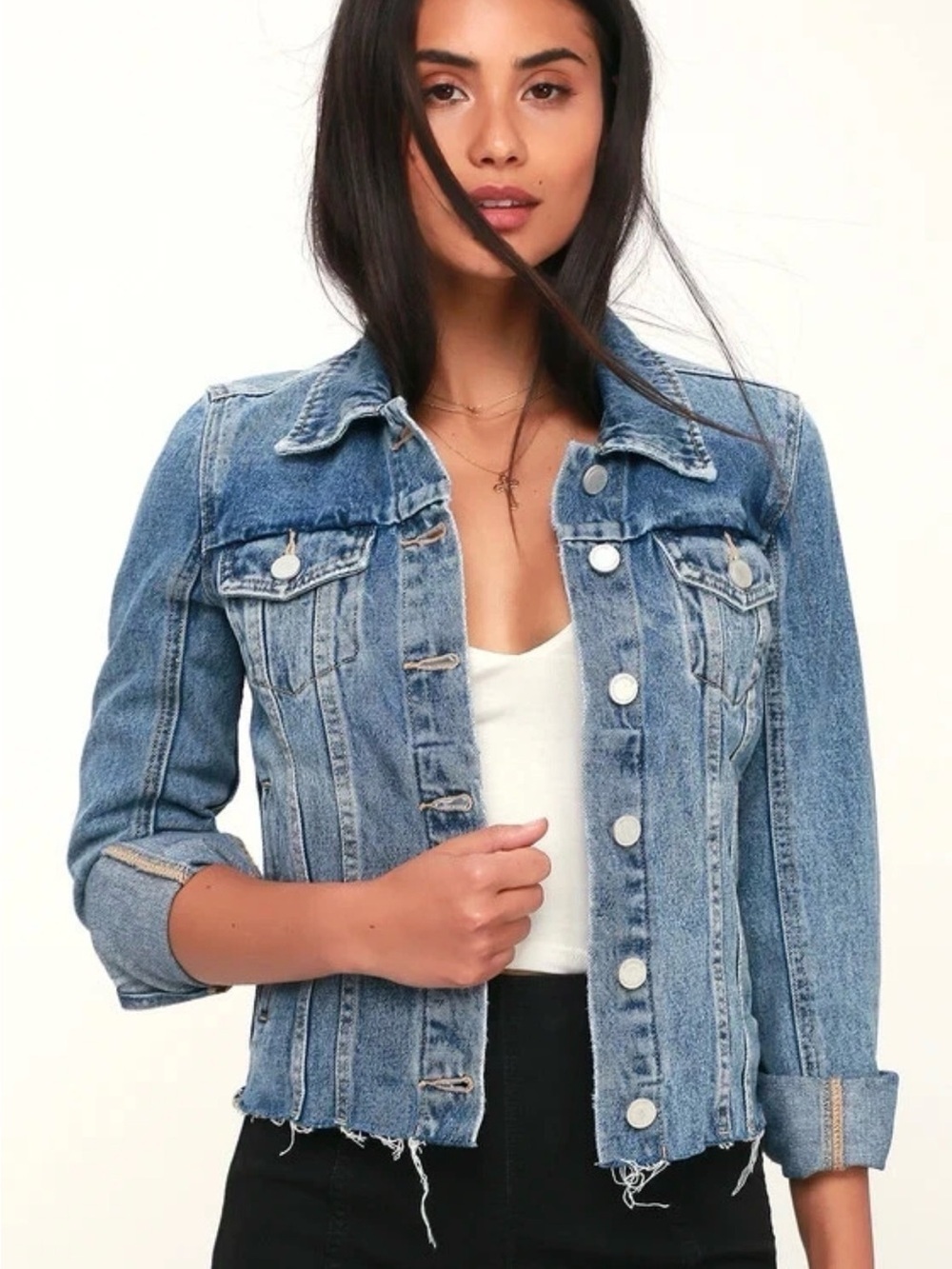 BlankNYC Light Wash Cropped Distressed Jean Denim Jacket Frayed Hem